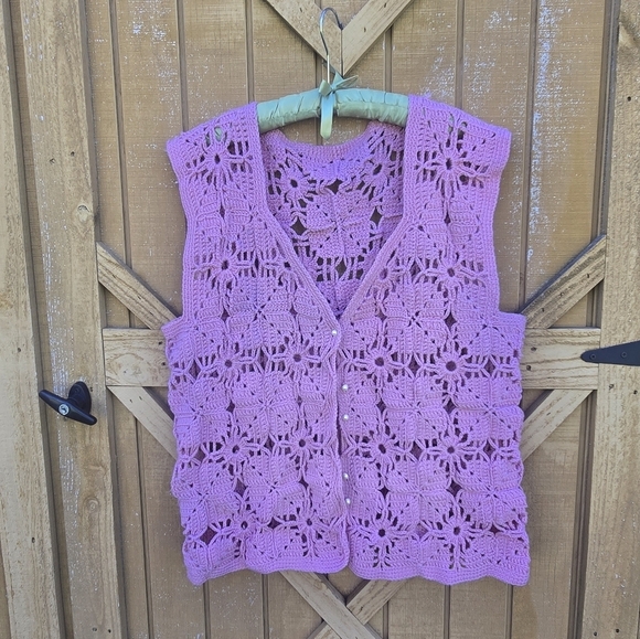 Handmade Jackets & Blazers - Handmade Crochet Floral Pink Vest 1X